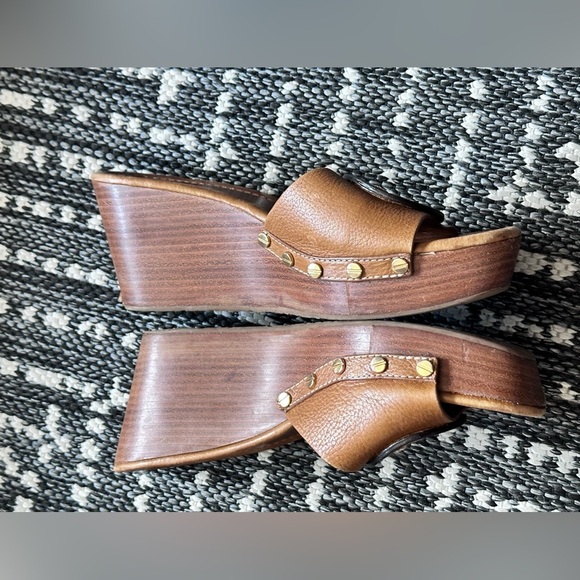 Tory Burch Leather Shoes Wedge Mule Sandals Patti Tan Wooden Platform Heels  8.5 - Picture 11 of 12